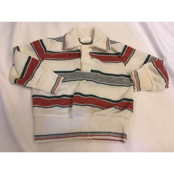 Boy's Bull Frog Knits striped sweater size 18 Mo Green Orange 70s 80s Collared - Picture 2 of 8